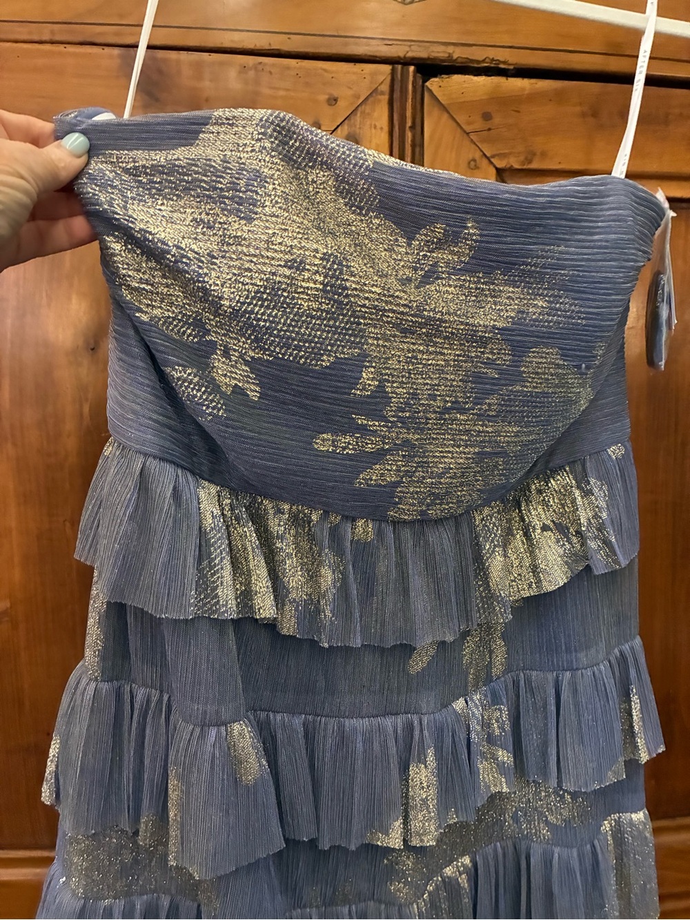 After Six Strapless Blue Dress with Gold Metallic Floral Tiering